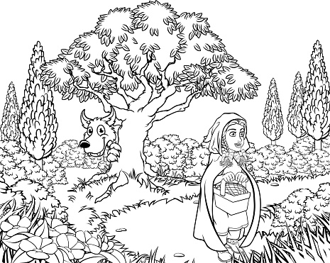 Fairytale childrens story scene of the big bad wolf cartoon character looking from behind a tree while little red riding hood is holding her basket and walking to gradmas house.