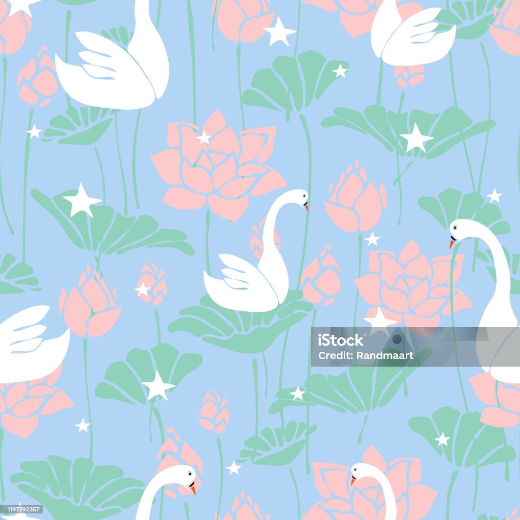 Ilustración de Patrón Vectorial Sin Costuras Con Cisnes Y Flor De Loto Sobre Fondo Azul Claro Diseño De Fondo De Pantalla Romántico Con Estrellas Y Pájaros Ideal Para Bodas Tarjetas Tela Moda Ilustración de Patrón Vectorial Sin Costuras Con Cisnes Y Flor De Loto Sobre Fondo Azul Claro Diseño De Fondo De Pantalla Romántico Con Estrellas Y Pájaros Ideal Para Bodas Tarjetas Tela Moda