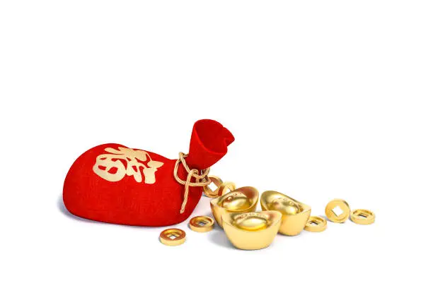 Photo of Red bag with Chinese alphabet mean lucrative, fortune and wealth and Chinese golden ingots on white background 3d rendering. 3d illustration greeting for Richness concept. Chinese new year festival.