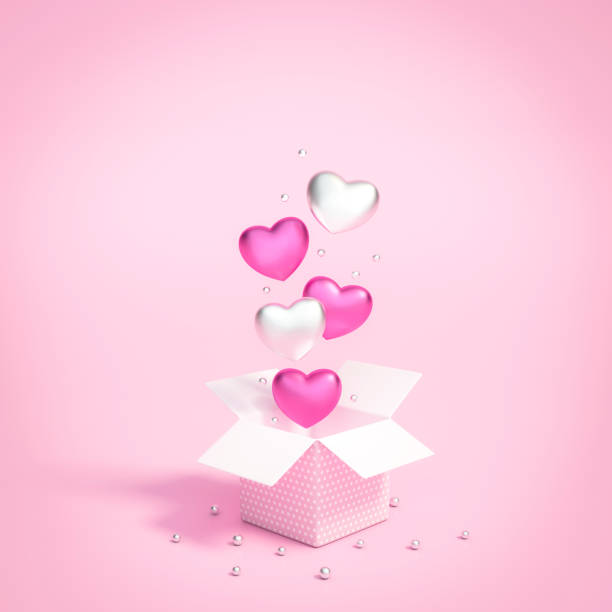 istock Pink and white hearts floating on gift box opening with pink background 3d rendering. 3d illustration Love and Valentines Day greeting card concept, invitation or banner template minimal style. 1197295047
