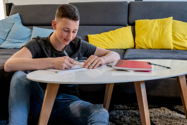 istock Young male student doing homework at home 1197295867