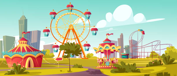 illustrazioni stock, clip art, cartoni animati e icone di tendenza di parco divertimenti, carnevale o cartone animato della fiera festiva - amusement park park fun playground
