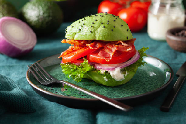 istock keto paleo diet avocado burger with bacon, lettuce, tomato 1197298930