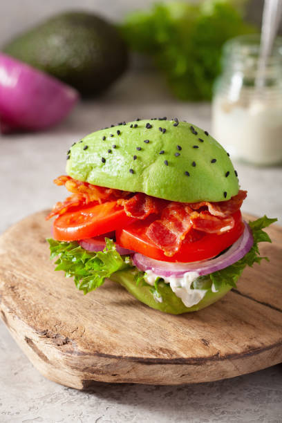 istock keto paleo diet avocado burger with bacon, lettuce, tomato 1197298990