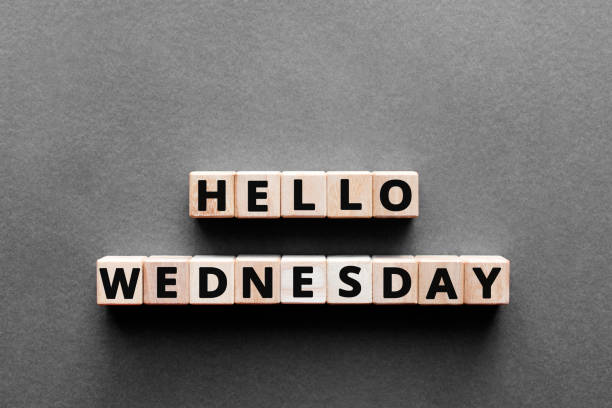 Hello wednesday - words from wooden blocks with letters Hello wednesday - words from wooden blocks with letters, hello wednesday concept, top view gray background wednesday morning stock pictures, royalty-free photos & images