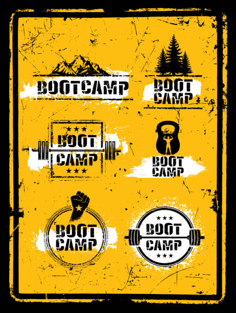 boot camp фитнес тренировки спорт creative сильный знак набор. вектор грубая типография гранж элементы дизайна - военная подготовка stock illustrations