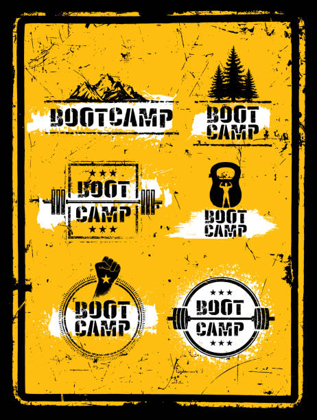 Boot Camp Fitness Workout Sport Creative Strong Sign Set. Vector Rough Typography Grunge Design Elements Fresh Grunge Style Rough Illustration On Textured Background. fitness boot camp stock illustrations