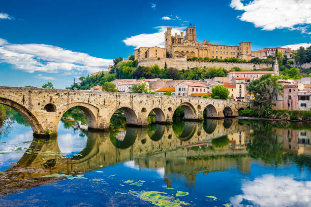 Old Bridge And Cathedral In Beziers, France stock photo