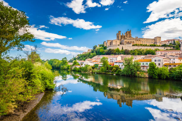 Orb River And Cathedral In Beziers, France stock photo
