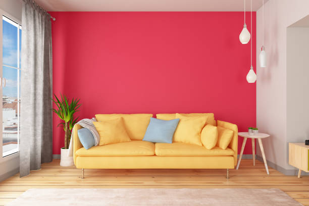 istock Colorful Modern Living Room Design with Pink Wall 1197306665