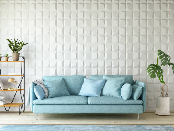 istock Modern Living Room with Sofa and Geometric Wall Design 1197306863