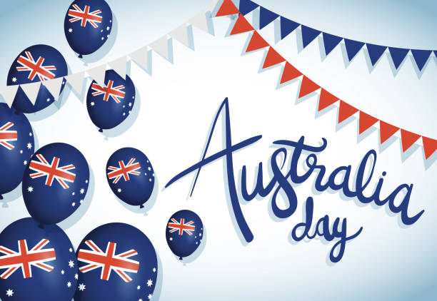 ilustrações de stock, clip art, desenhos animados e ícones de australia day celebration with balloons helium and garlands - australia australia day celebration flag