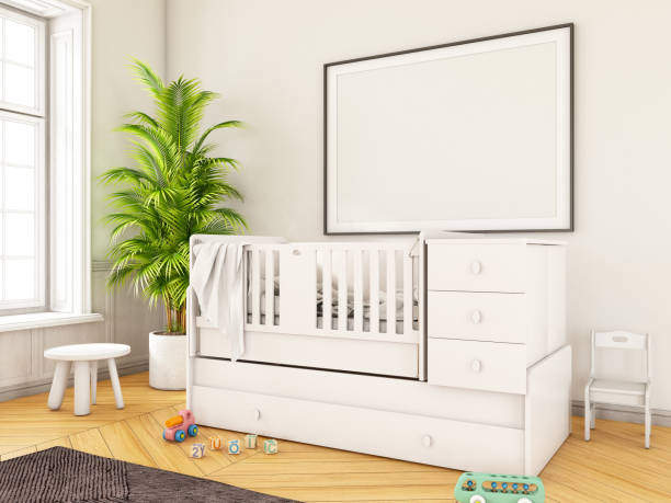 istock Baby's Room with Crib Bed and Empty Mock Up Picture Frame 1197307244