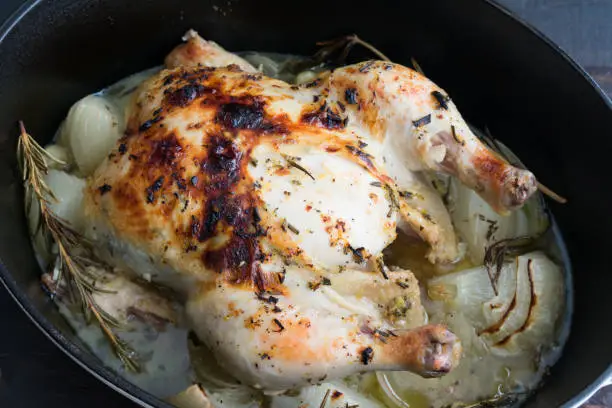 A whole chicken roasted with garlic, onions, and rosemary in a white wine sauce