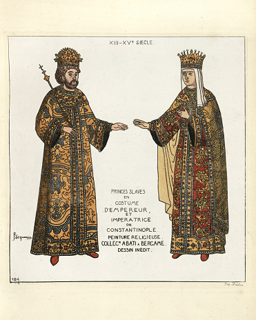 Vintage engraving of Medieval fashion, Costume of a Byzantine emperor and empress Slavic princes in emperor and empress costume of Constantinople.. 13th to 15th Century. Iconographie generale et methodique du Costume, Raphael JACQUEMIN