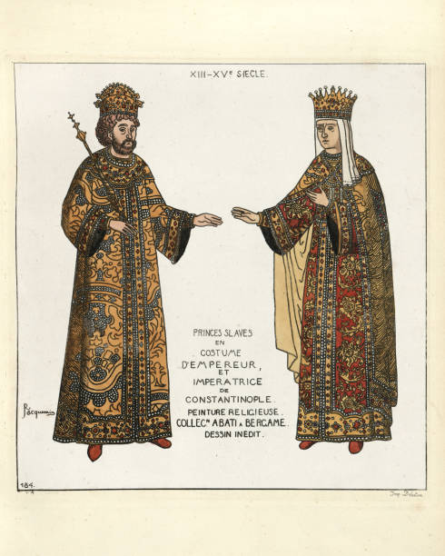 Costume of a Byzantine emperor and empress Vintage engraving of Medieval fashion, Costume of a Byzantine emperor and empress Slavic princes in emperor and empress costume of Constantinople.. 13th to 15th Century. Iconographie generale et methodique du Costume, Raphael JACQUEMIN byzantine pattern stock illustrations