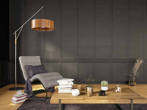 Modern Living Room Detail Armchair with Floor Lamp and Books. 3d render
