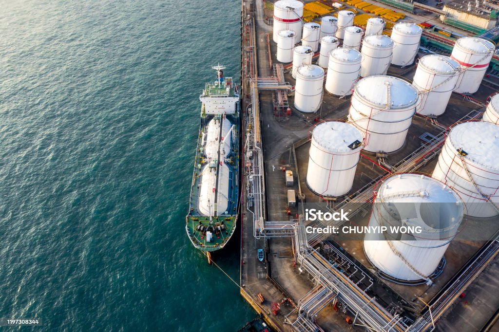 Oil Storage tank in the port in Tsing Yi, Hong Kong Crude Oil Stock Photo