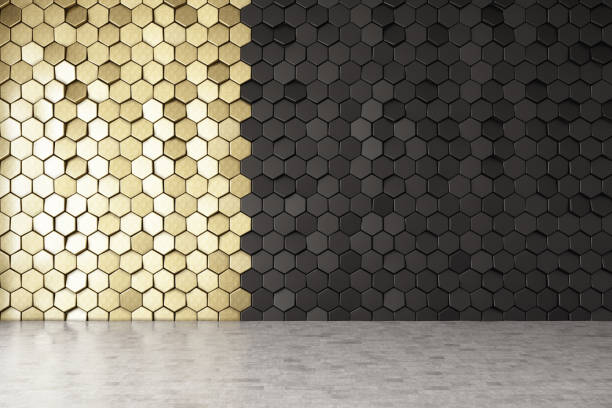 diseño de pared hexagonal en oro y negro - hexagon tile pattern black fotografías e imágenes de stock