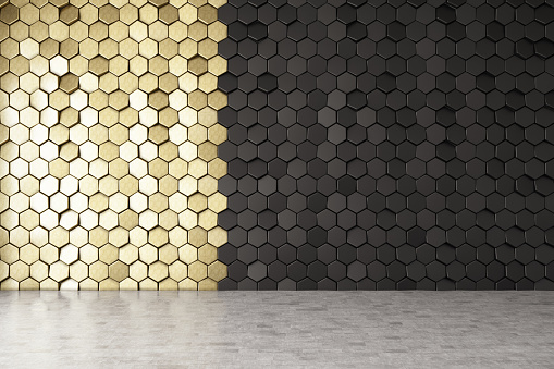 Gold and Black Hexagon Wall Design. 3d Render