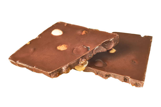istock Two halves of rectangular chocolate bar with peanut and raisin isolated on white background 1197309572
