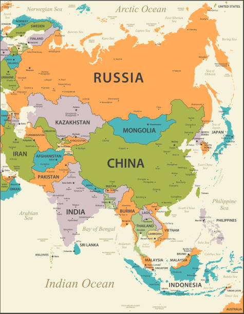 Vintage Map Of Asia High Detailed Vector Map Stock Illustration