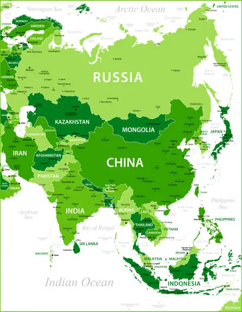 Vector illustration of Green Asia Map with national borders. Vector Illustration