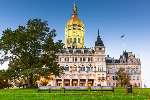 Connecticut State Capitol in Hartford, Connecticut, USA at twilight.
