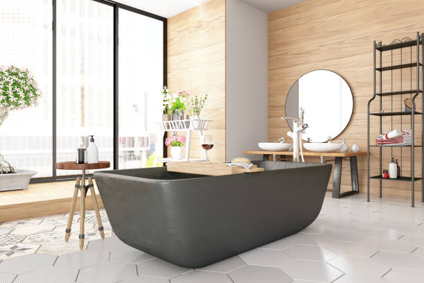 istock Romantic Bathtub Close up with Wine and Window View 1197310049