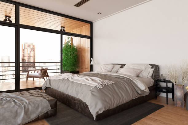 istock Modern Bedroom with City View 1197310129