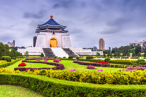 The Chiang Kai-Shek Memorial in Taipei, Taiwan at dusk.