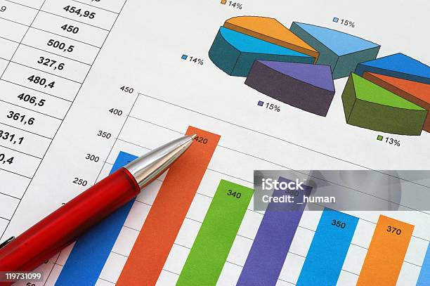Finance Report With Colorful Graphs And A Red Pen Stock Photo - Download Image Now - Analyzing, Ballpoint Pen, Bar Graph