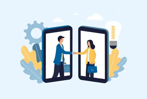 Vector illustration of The concept of signing an online contract. A business man and woman in smartphones made a smart deal over the Internet. Discussion of details, mutually beneficial cooperation. Flat vector illustration
