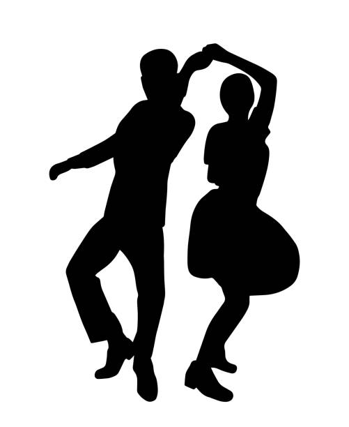 ilustraciones, imágenes clip art, dibujos animados e iconos de stock de pareja en la fiesta de jazz retro vintage swing. silueta aislada. personas en 40s o 50s estilo bailando rockabilly,charleston,jazzlindy hop o boogie woogie. ilustración humana vectorial en colores blanco negro. - dancing swing dancing 1950s style couple