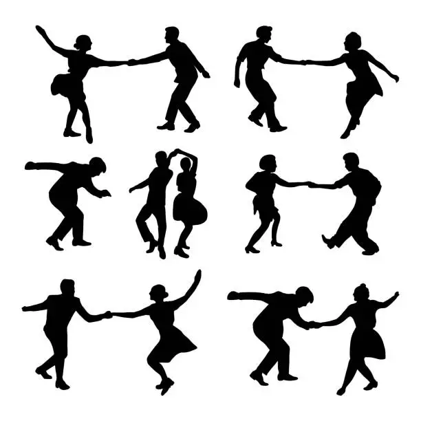 Vector illustration of Set silhouette dancing people in a retro swing isolated. People in 40s or 50s style dancing rockabilly,charleston, jazz,lindy hop or boogie woogie. Vector human illustration in black and white colors.