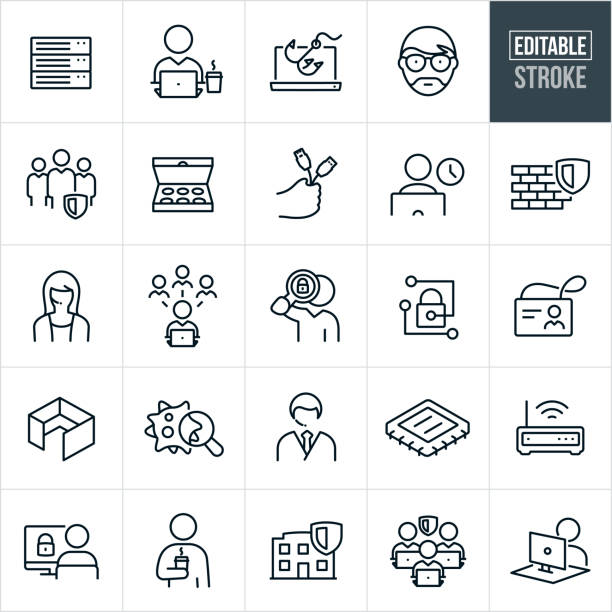 Information Technology Thin Line Icons - Editable Stroke A set of information technology icons that include editable strokes or outlines using the EPS vector file. The icons include information technology specialists, computer servers, phishing, computer virus, IT security, IT security team, donuts, computer wires, firewall, help desk, help desk specialist, IT support, lock, name badge, office cubicle, computer chip, computer router, business, IT team and other related icons. corporate office cubicle stock illustrations