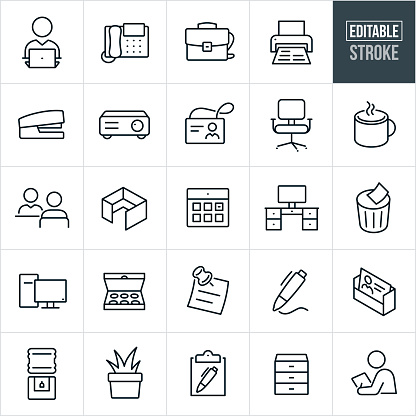 A set of office icons that include editable strokes or outlines using the EPS vector file. The icons include a business person, laptop computer, office telephone, briefcase, office printer, stapler, projector, name badge, office chair, cup of coffee, interview, office cubicle, calendar, computer desk, trash bin, desktop computer, doughnuts, sticky note, pen, business card, water cooler, plant, clipboard, filing cabinet, businessman and other related icons.