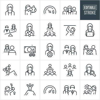A set of business women icons that include editable strokes or outlines using the EPS vector file. The icons include business women, women in the workforce, wages, salary, gender inequality, discrimination, pay gap, business woman holding puzzle piece, skilled businesswomen, business team, leadership, sex discrimination, equality, female manager, business woman holding a key to success, business woman with megaphone and a businesswoman giving a presentation to name a few.