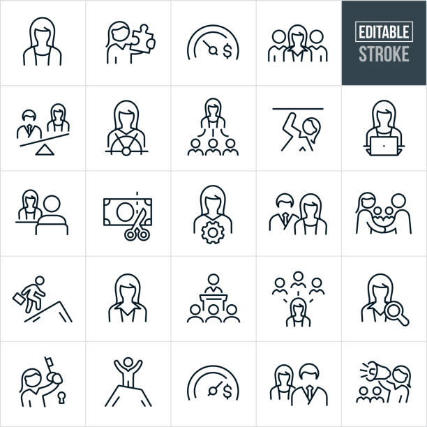 Business Women Thin Line Icons - Editable Stroke A set of business women icons that include editable strokes or outlines using the EPS vector file. The icons include business women, women in the workforce, wages, salary, gender inequality, discrimination, pay gap, business woman holding puzzle piece, skilled businesswomen, business team, leadership, sex discrimination, equality, female manager, business woman holding a key to success, business woman with megaphone and a businesswoman giving a presentation to name a few. womens issues stock illustrations