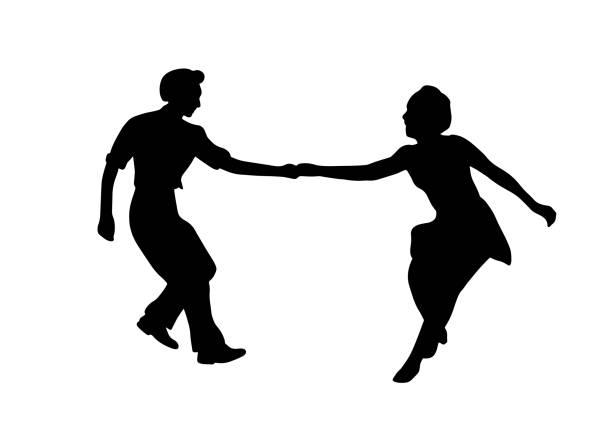 Couple on vintage retro swing jazz party. Silhouette isolated. People in 40s or 50s style dancing rockabilly,charleston,jazzlindy hop or boogie woogie. Vector human illustration in black white colors. Couple on vintage retro swing jazz party. Silhouette isolated. People in 40s or 50s style dancing rockabilly,charleston,jazzlindy hop or boogie woogie. Vector human illustration in black white colors. swing dancing stock illustrations