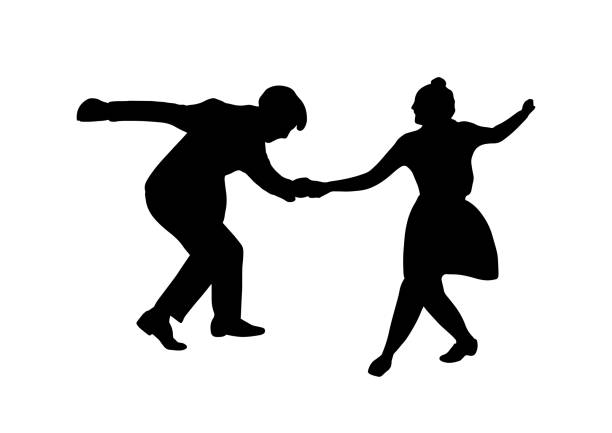 ilustraciones, imágenes clip art, dibujos animados e iconos de stock de pareja en la fiesta de jazz retro vintage swing. silueta aislada. personas en 40s o 50s estilo bailando rockabilly,charleston,jazzlindy hop o boogie woogie. ilustración humana vectorial en colores blanco negro. - dancing swing dancing 1950s style couple