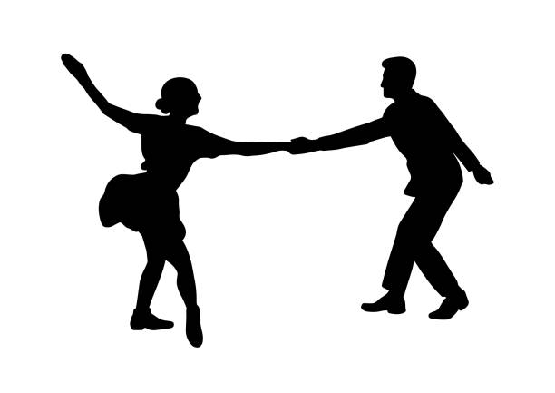 ilustraciones, imágenes clip art, dibujos animados e iconos de stock de pareja en la fiesta de jazz retro vintage swing. silueta aislada. personas en 40s o 50s estilo bailando rockabilly,charleston,jazzlindy hop o boogie woogie. ilustración humana vectorial en colores blanco negro. - dancing swing dancing 1950s style couple
