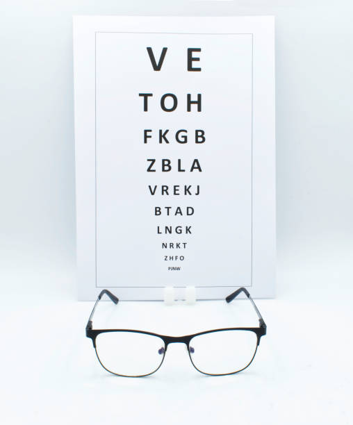 istock Checking vision table with glasses. Ophthalmologist accessories isolated on white background. Studio shot 1197321180