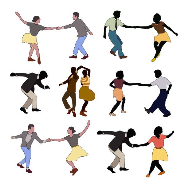 ilustraciones, imágenes clip art, dibujos animados e iconos de stock de establezca a los bailarines de color retro en un swing retro aislado. personas en 40s o 50s estilo bailando rockabilly,charleston,jazz,lindy hop o boogie woogie. vector stock ilustración vintage humana. jazz retro. - lindy hop