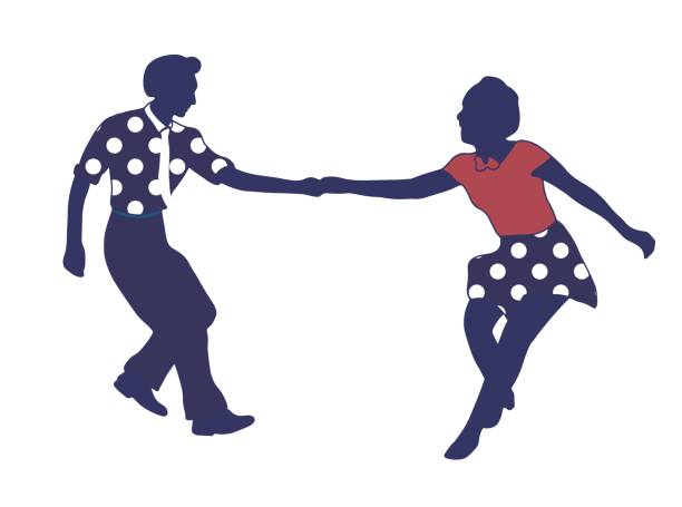 Couple dancing jazz swing isolated on white background. Clothes in pop art print polka dots. Vintage vector style 1950s. People in pop art clothes. Rockabilly, charleston, lindy hop or boogie woogie. Couple dancing jazz swing isolated on white background. Clothes in pop art print polka dots. Vintage vector style 1950s. People in pop art clothes. Rockabilly, charleston, lindy hop or boogie woogie. boogie woogie dancing stock illustrations