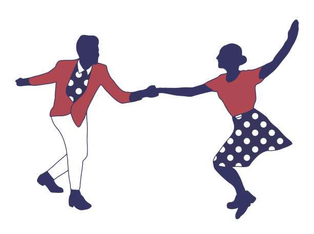 Couple dancing jazz swing isolated on white background. Clothes in pop art print polka dots. Vintage vector style 1950s. People in pop art clothes. Rockabilly, charleston, lindy hop or boogie woogie. Couple dancing jazz swing isolated on white background. Clothes in pop art print polka dots. Vintage vector style 1950s. People in pop art clothes. Rockabilly, charleston, lindy hop or boogie woogie. boogie woogie dancing stock illustrations