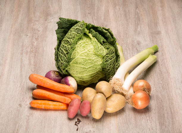 Seasonal vegetables for the preparation of the French "pot au feu" stock photo
