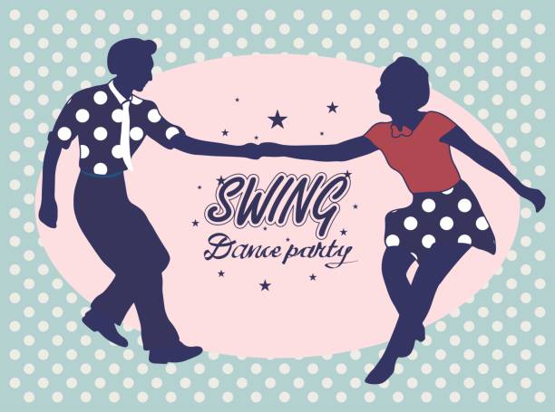 Young couple dancing jazz swing. Horizontal template with text Dance party. Vintage vector style 1930s, 1940s,1950s. Realistic,stylistic characters. Rockabilly, charleston, lindy hop or boogie woogie. Young couple dancing jazz swing. Horizontal template with text Dance party. Vintage vector style 1930s, 1940s,1950s. Realistic,stylistic characters. Rockabilly, charleston, lindy hop or boogie woogie. boogie woogie dancing stock illustrations