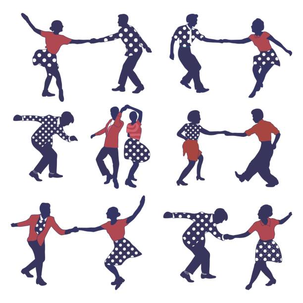Set retro colored dancing people in a retro swing isolated. People in 40s or 50s style dancing rockabilly,charleston,jazz,lindy hop or boogie woogie.Vector stock human vintage illustration.Retro jazz. Set retro colored dancing people in a retro swing isolated. People in 40s or 50s style dancing rockabilly,charleston,jazz,lindy hop or boogie woogie.Vector stock human vintage illustration.Retro jazz. boogie woogie dancing stock illustrations