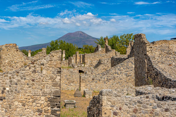 Pompeii city, background ruins Vesuvius volcano